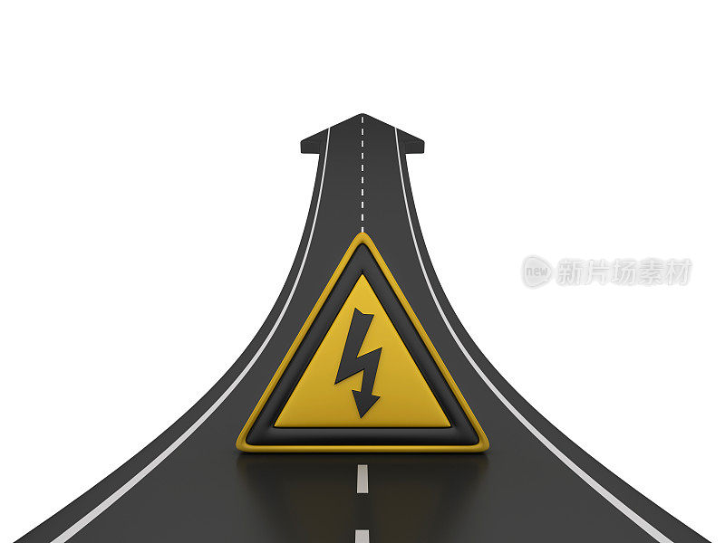 道路箭头与高电压道路标志- 3D渲染